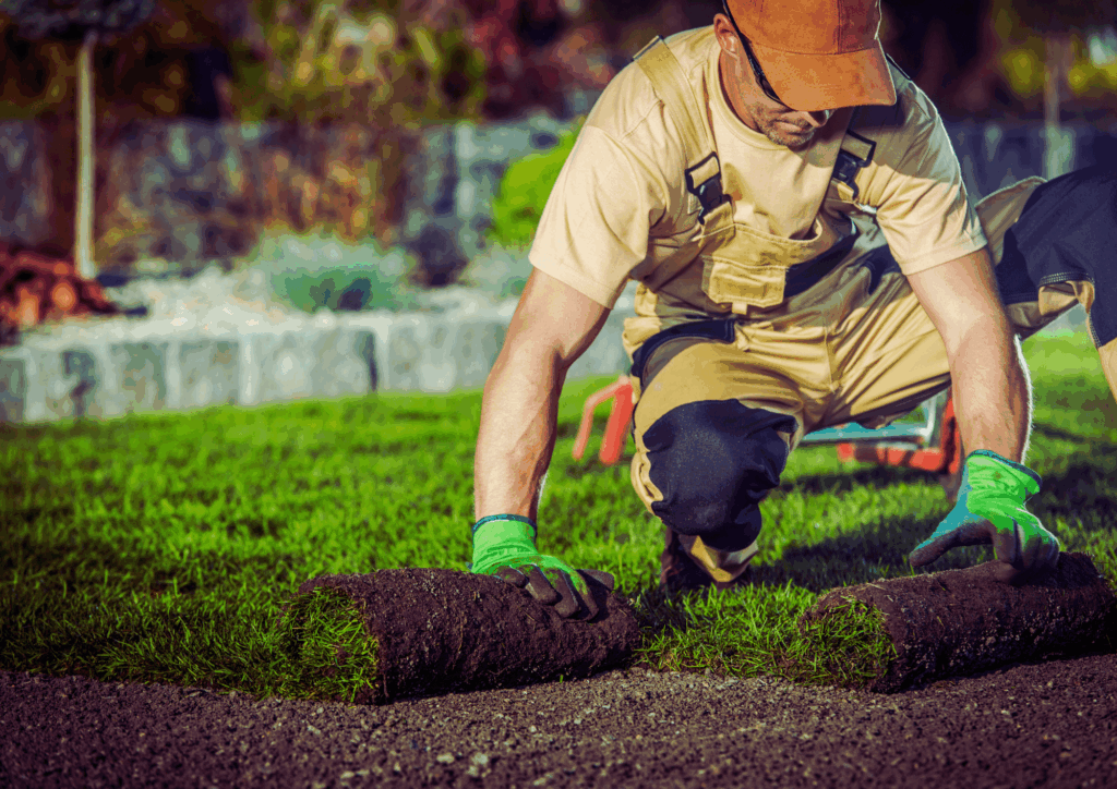 Worker Laying Fresh Sod for New Lawn Flexible Landscaping